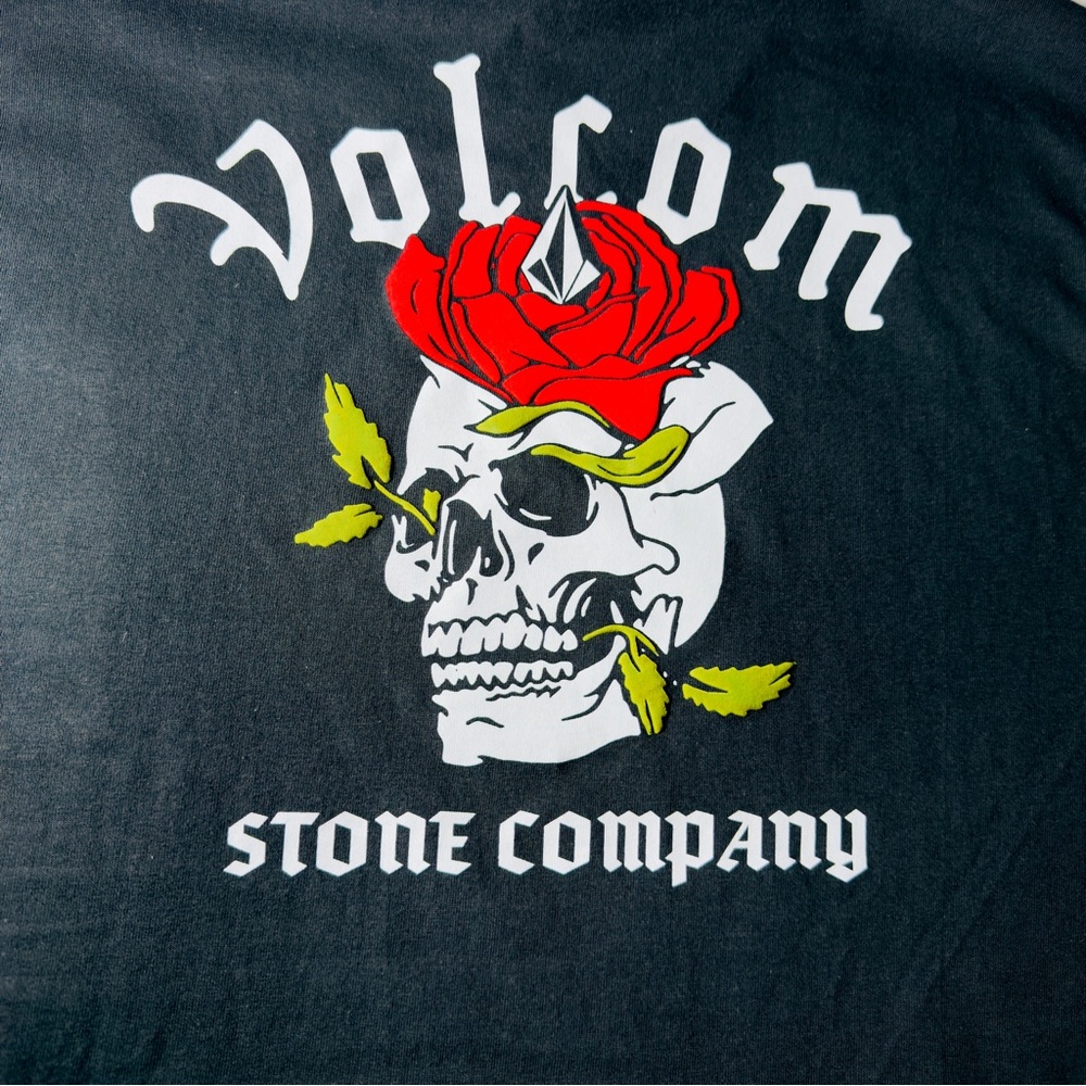 Volcom Black Tee with Red Rose & White Skull Graphic